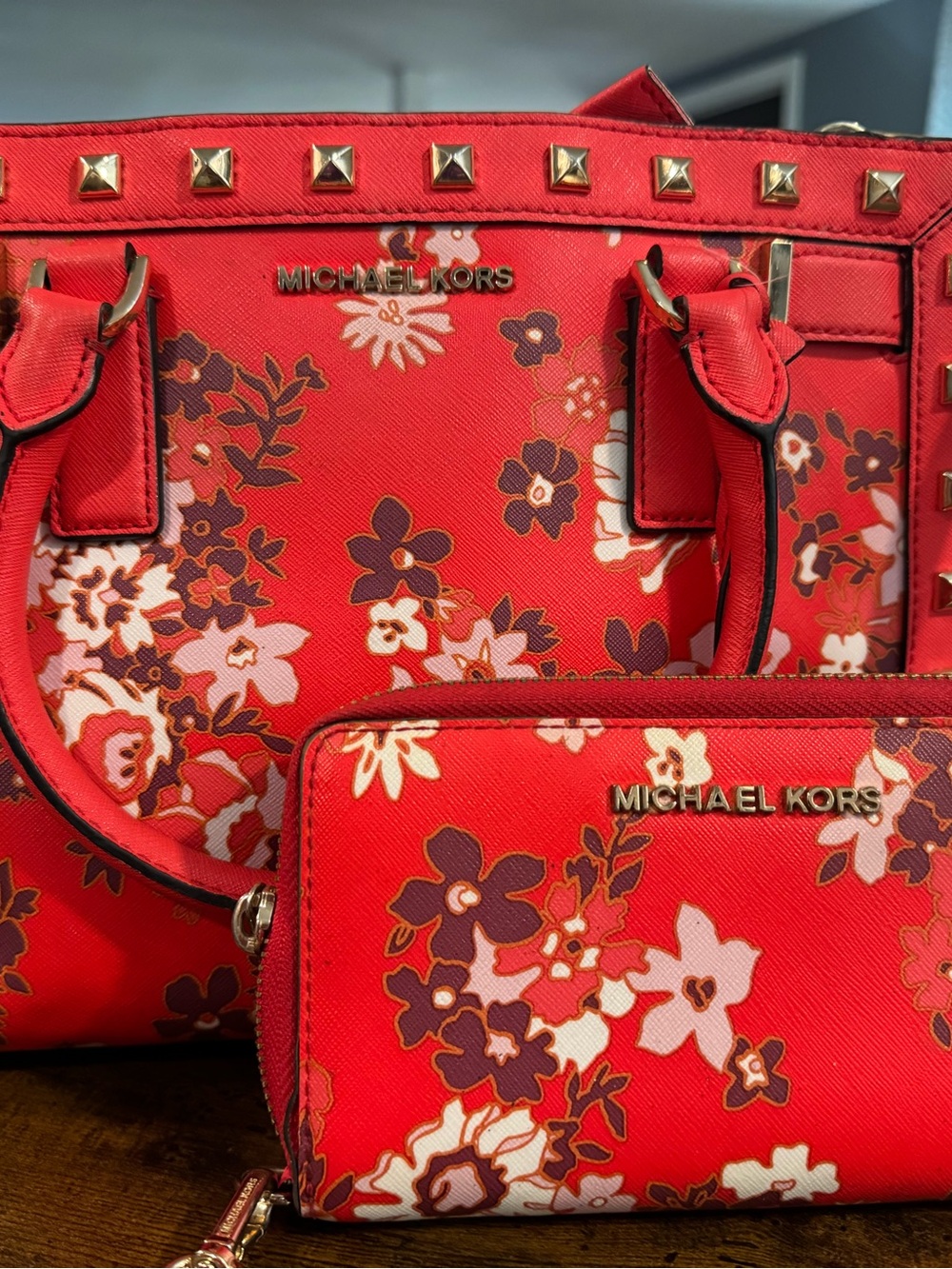 Michael Kors Red Floral Tote with Matching Wallet